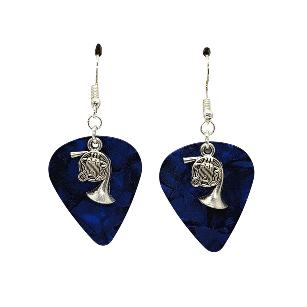 French Horn Music Charm on Guitar Pick Earrings - Choose Color - Handmade in USA
